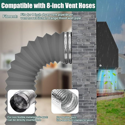 8 Inch Hooded Wall Vent with Screen and Damper, Outdoor Wall Exhaust Vent Cover Cap Kit for Exterior Kitchen Range Hood Bathroom Ventilation Dryer HVAC Duct Air Exhaust Vents, Galvanized Steel, Black