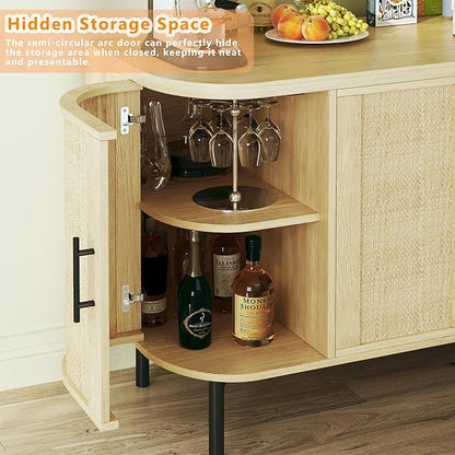 HUAHUU 47.2" Sideboard Buffet Cabinet with Storage, Sideboard Cabinet with 4 Rattan Doors, Adjustable Shelf & Metal Legs, Multifunctional Storage Cabinet for Kitchen, Living Room, Entryway, Oak