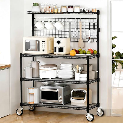 Leteuke Bakers Rack with Storage & Wheels, 42 Inch Microwave Stand Kitchen Shelves, 4-Tier Heavy Duty Storage Rack with 20 S-Hooks, Commercial Metal Utility Kitchen Cart, 42× 18× 63 Inch, Black