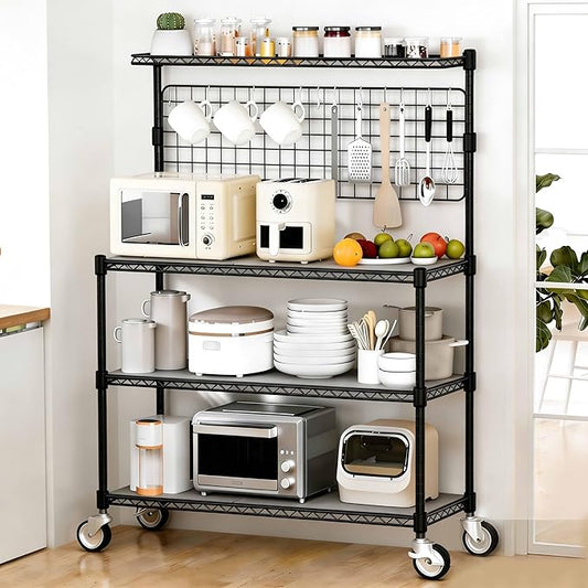Leteuke Bakers Rack with Storage & Wheels, 42 Inch Microwave Stand Kitchen Shelves, 4-Tier Heavy Duty Storage Rack with 20 S-Hooks, Commercial Metal Utility Kitchen Cart, 42× 18× 63 Inch, Black