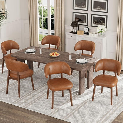 MALOL Wooden Dining Chairs Set of 6, Modern Upholstered Dining Room Chair, PU Leather Kitchen Side Chairs with Curved Open Back for Living Room/Restaurant/Cafe, Brown