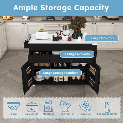 74.8" Kitchen Island with Extendable Dining Table, Marble Veneer Top Built in Power Outlet Mobile Storage Cart with 3 Drawers Cabinet, Rolling Kitchen Cart for Dining Room, Black