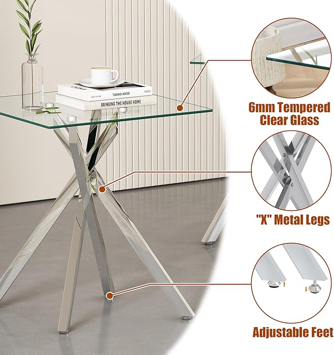 Square Side Table with X-Shaped Silver Chrome Metal Base, Tempered Glass End Tables Small End Table, Living Room Sofa Couch Side Table, Modern Bedsde Tables Bedroom Night Stand, Clear Nightstand