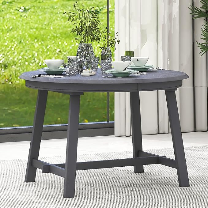 BROVAVE 57" Extendable Island Table, Rustic Dining Table with Retro Farmhouse Style, Mid Century Dining Table with Rubber Wood Legs for Family Gatherings, Gray