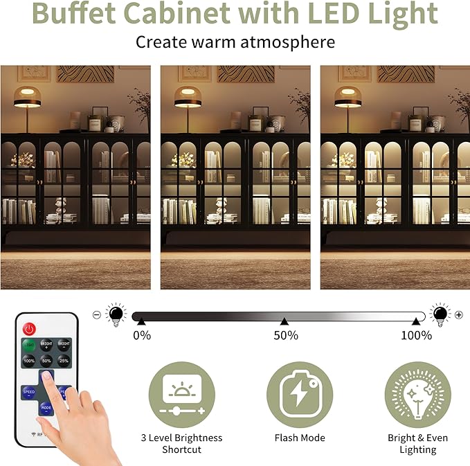 Foreate Sideboard Buffet Cabinet with Glass Door & LED Light, 53.2" Large Buffet Cabinet with Storage & Adjustable Shelf, Farmhouse Sideboard Credenzas Metal Kitchen Buffet, Black