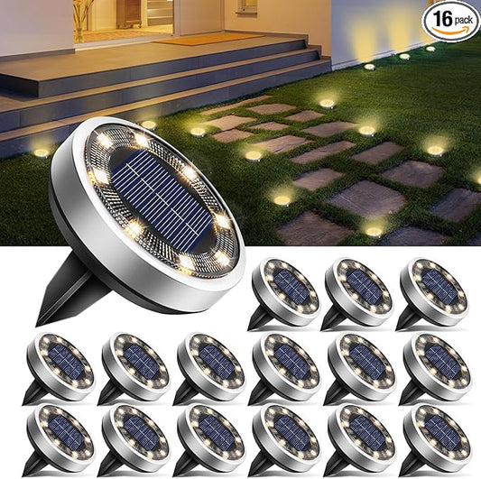 btfarm 16 Pack Solar Lights Outdoor, 8 LED Solar Ground Lights IP65 Waterproof Flat Solar Disc Light, Pathway Lights for Garden Lawn Patio Yard Path Landscape, Warm White
