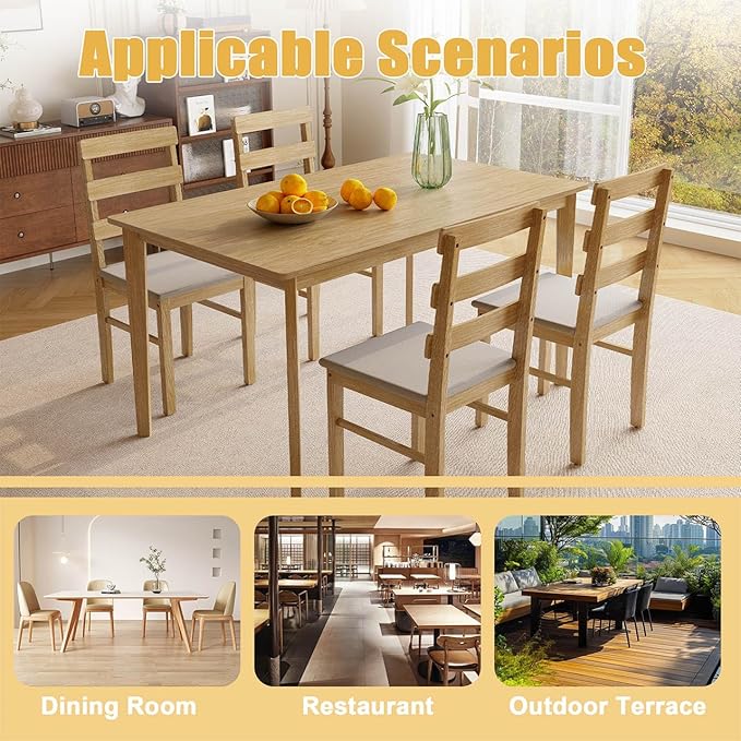 Majnesvon 5 Piece Dining Table Set for 4, Farmhouse Kitchen Table Set with Chairs, Wood Dining Table Chair for Kitchen, Restaurant, Apartment (Natural 5-Piece)