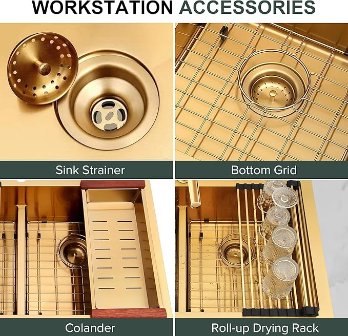 MILOSEN 33''x22'' Gold Double Bowl Kitchen Sink, 50/50 T304 Stainless Steel Drop in Gold Kitchen Sinks, Topmount Large and Deep Workstation Sink, Handmade Low-Divide Double Basin with Accessories