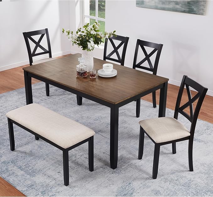 6 Piece Wooden Dining Table Set with Bench, Classic Farmhouse Dining Table Set for 6, Timeless Black and Oak Two Tone Dining Room Set for Kitchen and Dining Room
