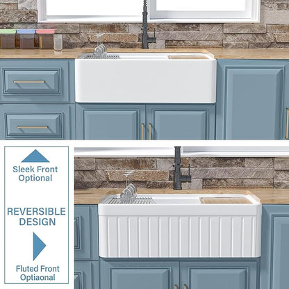 White Farmhouse Workstation Sink 30 x 20 Inch, Firecaly Apron Front Undermount Farm Kitchen Sink, Heavy Duty Deep Single Bowl, Reversible (Sleek & Fluted Optional), Pure White, for Kitchen