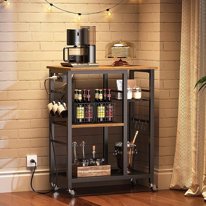 YATINEY Movable Bakers Rack, Microwave Stand with Charging Station, Kitchen Storage Rack with Hooks and Basket, Casters and Adjustable Feet, for Small Space, Kitchen, Dining Room, Rustic Brown HB04UBR