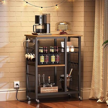 YATINEY Movable Bakers Rack, Microwave Stand with Charging Station, Kitchen Storage Rack with Hooks and Basket, Casters and Adjustable Feet, for Small Space, Kitchen, Dining Room, Rustic Brown HB04UBR