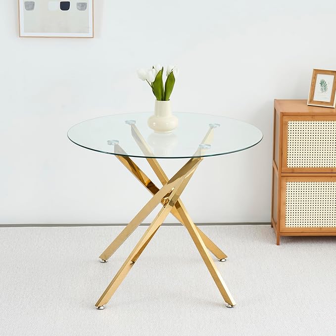 Round Dining Table, 36 Inch Glass Kitchen Table for 4 People, Tempered Glass Dinner Room Table with Gold X Metal Legs, Modern Circle Small Coffee Table for Home Dining Room Kitchen Restaurant