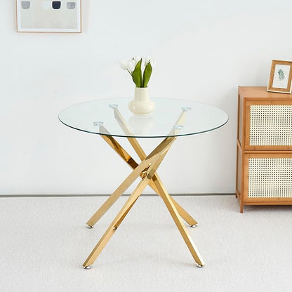 Round Dining Table, 36 Inch Glass Kitchen Table for 4 People, Tempered Glass Dinner Room Table with Gold X Metal Legs, Modern Circle Small Coffee Table for Home Dining Room Kitchen Restaurant