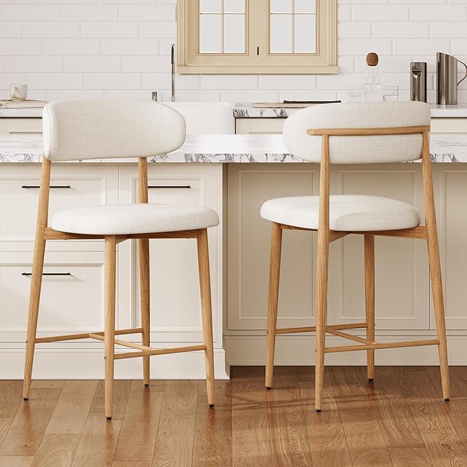 Set of 2 Counter Height Bar Stools: Upholstered Barstools with Metal Legs for Kitchen Island Dining Room in Beige - Comfortable & Chic Industrial Style, Premium Quality Bar Height Seating