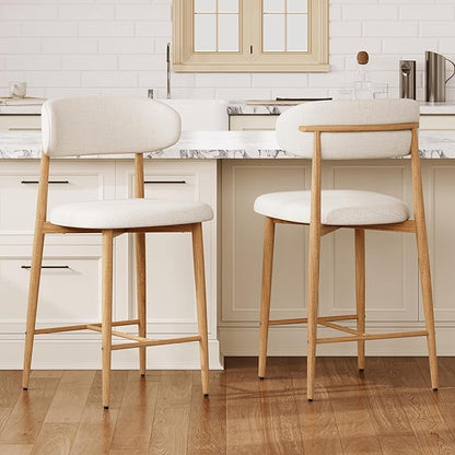 Set of 2 Counter Height Bar Stools: Upholstered Barstools with Metal Legs for Kitchen Island Dining Room in Beige - Comfortable & Chic Industrial Style, Premium Quality Bar Height Seating