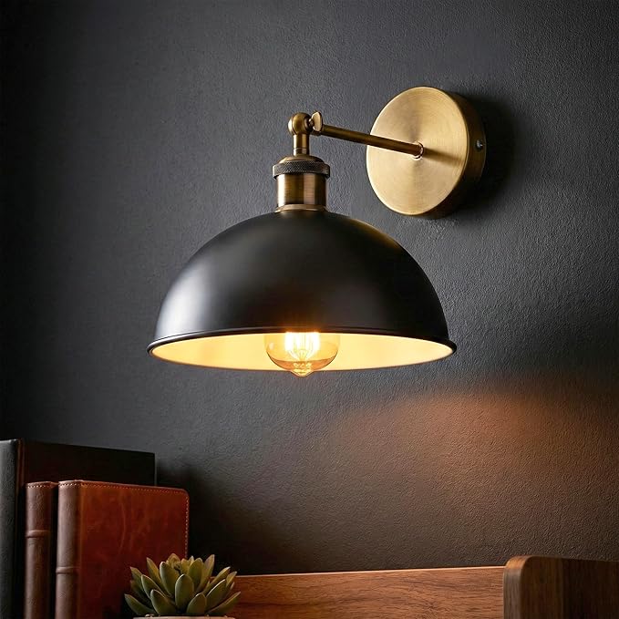 Dome Metal Wall Sconce, 180° Adjustable Industrial Wall Lamp for Bedside, Study, Kitchen, and Living Room Décor. (Black Inner White.)