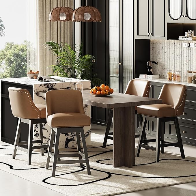 MALOL Swivel Bar Stools Set of 2, 27" Counter Height Kitchen Stools with Padded Seats and Solid Wood Legs, Leather Barstools for Kitchen Island, Breakfast Nook (Brown)