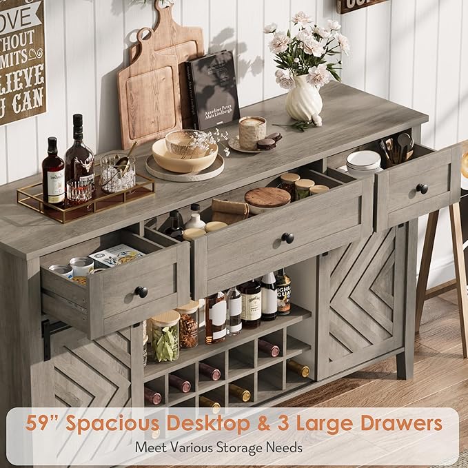 CABIHOME Farmhouse 59'' Buffet Cabinet with Sliding Barn Door, 33.4'' Tall Wood Rustic Sideboard with 3 Drawer, Adjustable Shelf and Removable Wine Rack for Dining Room, Kitchen, Living Room, Vintage