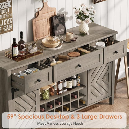 CABIHOME Farmhouse 59'' Buffet Cabinet with Sliding Barn Door, 33.4'' Tall Wood Rustic Sideboard with 3 Drawer, Adjustable Shelf and Removable Wine Rack for Dining Room, Kitchen, Living Room, Vintage