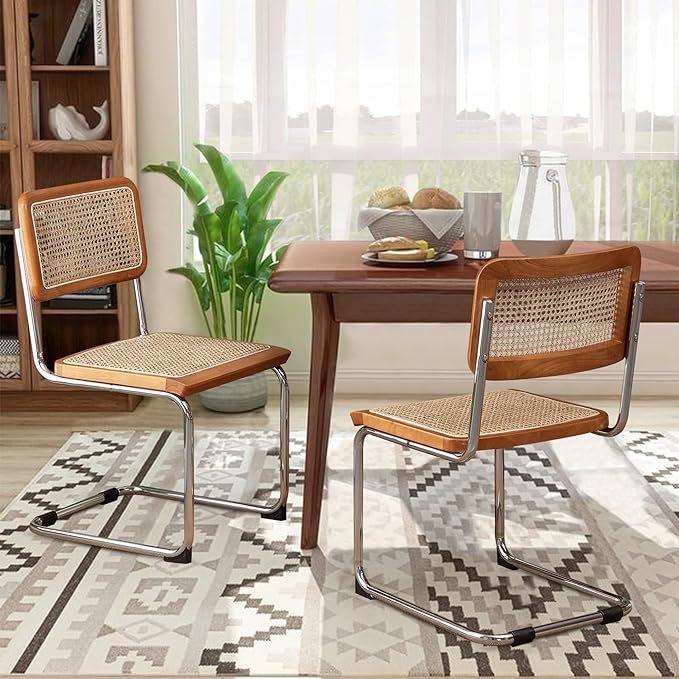 Alunaune Modern Mid Century Dining Chairs Set of 2, Upholstered Natural Rattan Kitchen Chairs Accent Chair, Armless Side Chairs with Metal Chrome Legs for Bedroom Living Room-Brown