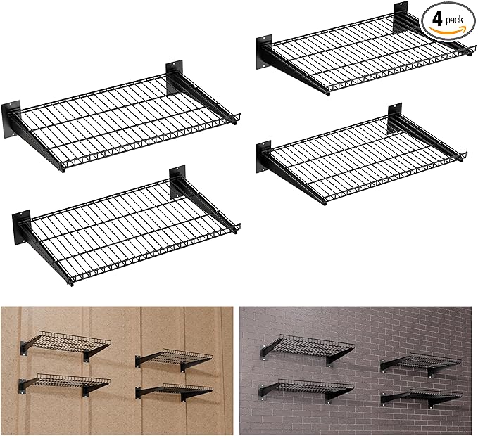 Heavy Duty Garage Wall Shelving 24"x16.5" 4-Pack, Adjustable Shelving Wall Mounted Shelves for Garage, Laundry Room, Closet, Total 400 lbs Load Capacity, Black