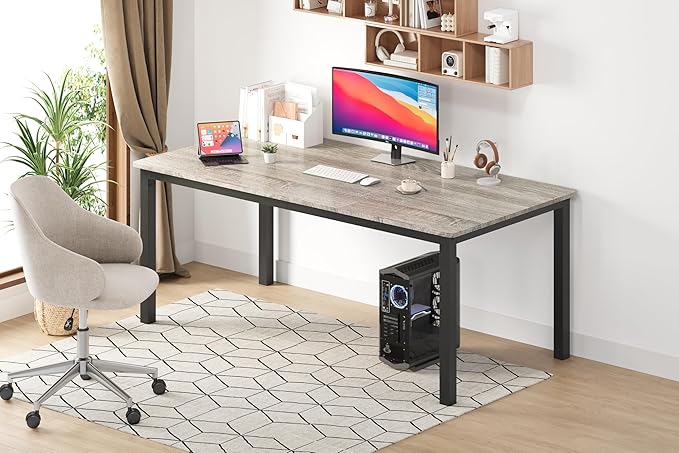GarveeHome 70.8 in Industrial Dining Table for 6, Wooden Long Dinner Table with Mortise Tenon Design, Kitchen Table with Sturdy Metal Legs, for Dining Room Home Office Living Room, Grey