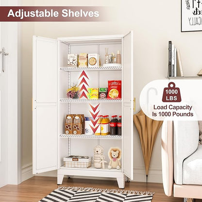 winiowa Metal Pantry Cabinet with 2 Doors and Adjustable Shelves, Kitchen Storage cabinets with Gold Handles, Versatile Storage for Laundry/Living Room,Bathroom,Dinning Room-White