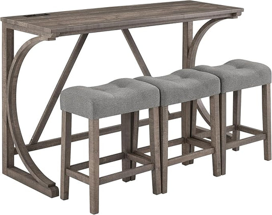 LKTART Dining Bar Table and Chairs Set 4 Piece with Power Outlet, Bar Table Set with 3 Padded Stools, Industrial Breakfast Table Set for Living Room Dining Room Game Room