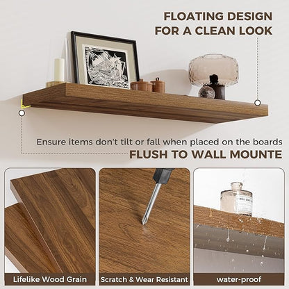 Fun Memories 12 Inch Square Floating Shelves 3 Pack - Wall Shelves with Invisible Brackets, Small Floating Shelves for Wall, Walnut Wood Shelves for Bathroom, Living Room, Bedroom, and Kitchen Decor