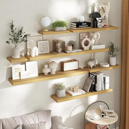 24 Inch Floating Shelves for Wall Set of 2, 8"D Wood Grain Bathroom Shelves with Invisible Brackets, Easy Install Engineered Wood Storage Shelves for Kitchen, Living Room, Bedroom, Oak Finish