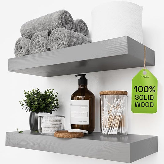 BAOBAB WORKSHOP Wood Floating Shelves for Wall - Rustic Shelf 16 inch - Grey Bathroom Shelves - Solid Wood Shelves for Wall for Bedroom Kitchen Living Room - Gray Finish, 16W × 6.7D, Set of 2