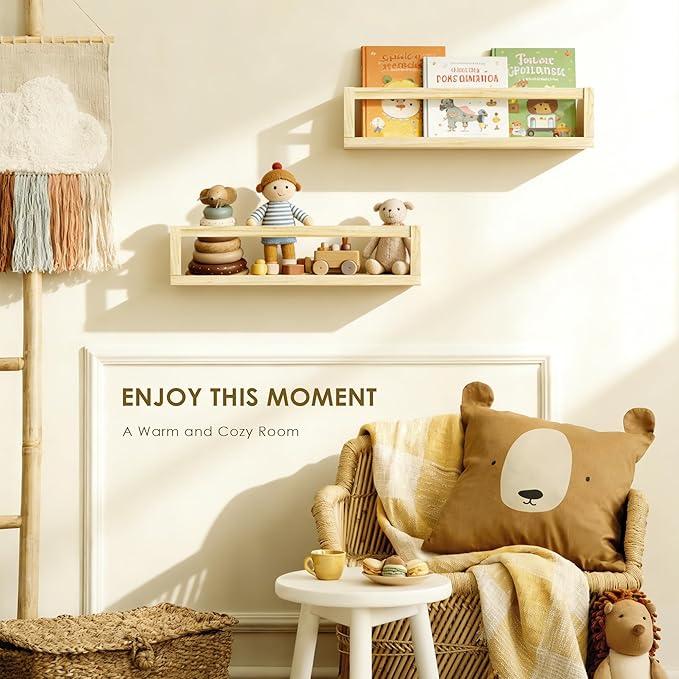 Picrit Set of 4 Natural Solid Wood Nursery Floating Shelves - Decorative Wall-Mounted Kids Bookshelf for Toy Storage & Book Display in Playroom or Kids Room, Durable Organizer