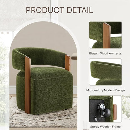 KISLOT Upholstered Dining Chair Set of 1, Barrel Modern Dining Room Chair with Casters, Kitchen Side Wooden Armchair with Fabric Cushion Seat for Bedroom, Livingroom, Reading Room, Green, 1 Box