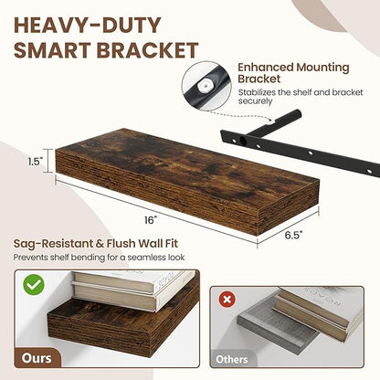 Acovy 16 Inch Floating Shelves for Wall 2 Pack, 16" Wall Shelves for Books, Storage, Decor, Wall Mounted Floating Shelf with Invisible Brackets for Kitchen, Living Room, Brown