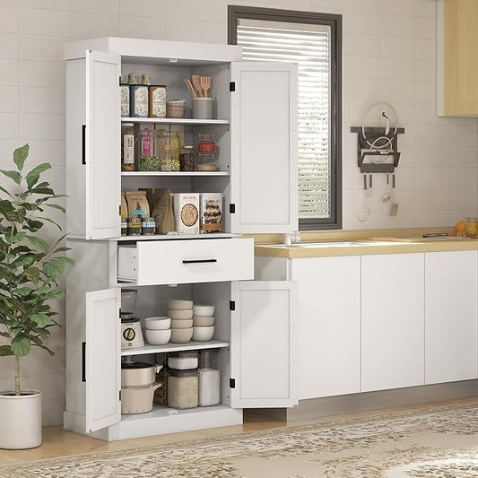 72" H Farmhouse Kitchen Pantry, Freestanding Storage Cabinet with 4 Barn Doors, Drawer, 5-Tier Shelf and Adjustable Shelves, White, Easy to Maintain, for Dining Room