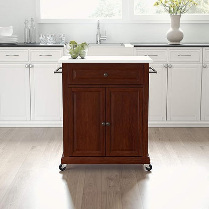 Crosley Furniture Compact Stone Top Small Rolling Cart with Shelves, Microwave Stand with Towel Rack, Mahogany