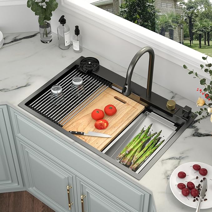 Kichae 33 Black Kitchen Sink Drop In Waterfall - 33x19 Drop Sink Stainless Steel 16G Single Bowl Waterfall Kitchen Sinks Workstation Handmade with Faucet & Glass Rinser