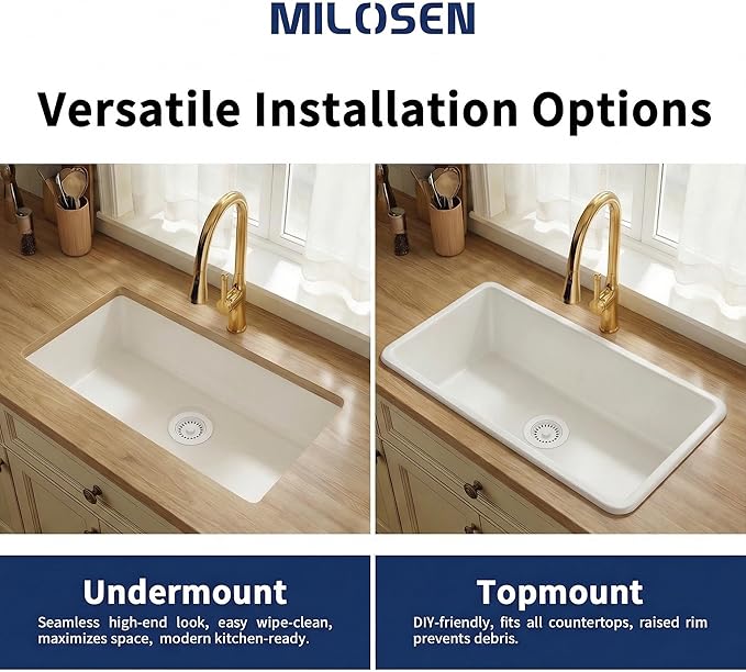 MILOSEN White Undermount Kitchen Sink, 31"x18" Granite Composite Single Bowl Kitchen Sinks, 9" Deep Large Undermount/Drop In Sink with Custom Accessories, White Quartz Kitchen Sinks for Modern Kitchen