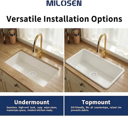 MILOSEN White Undermount Kitchen Sink, 31"x18" Granite Composite Single Bowl Kitchen Sinks, 9" Deep Large Undermount/Drop In Sink with Custom Accessories, White Quartz Kitchen Sinks for Modern Kitchen