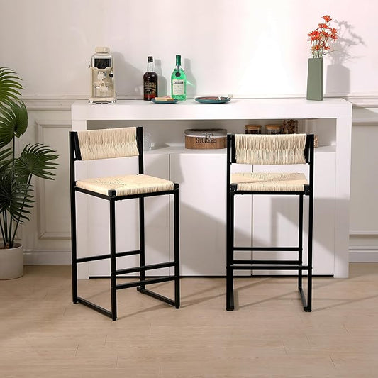 Modern Dining Chairs,Elegant American Design,Offering & Stylish,Hand Woven Paper Rope Bar Stools Set of 2,Solid Wood Frame Counter Height with Metal Legs for Island,Farmhouse Furniture,CreamyWhite-Pap