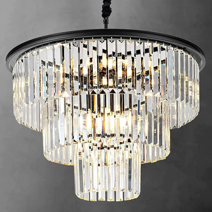 12 Lights 23.64" Black Modern Crystal Chandelier Crystal Pendant Ceiling Light Fixture 3-Tier Hanging Lighting for Dinning Room Bedroom Living Room Foyer