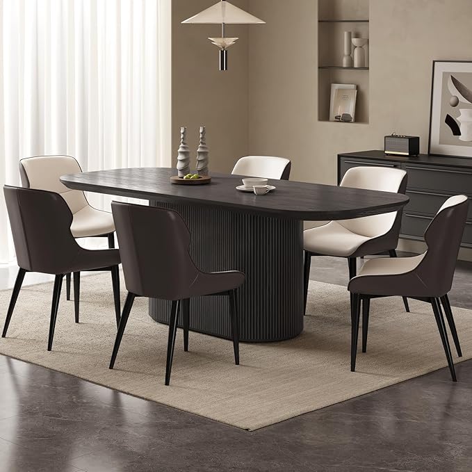 86.61" Oval Dining Table Set for 6, 7 Piece Modern Dining Room Table Set with 6 Dining Chairs for Kitchen, Living Room, Bar, Kitchen Table with Stable Oval Pedestal, Black