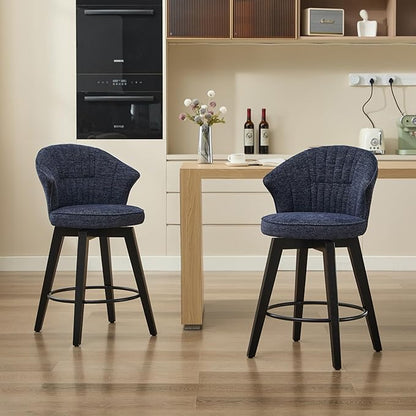Wing Back Swivel Bar Stools Set of 2 25" Counter Height Adjustable Stools with Solid Wood Legs Chenille Upholstery, Leveling Feet for Kitchen Island, Home Pub or Dining Room, Blue
