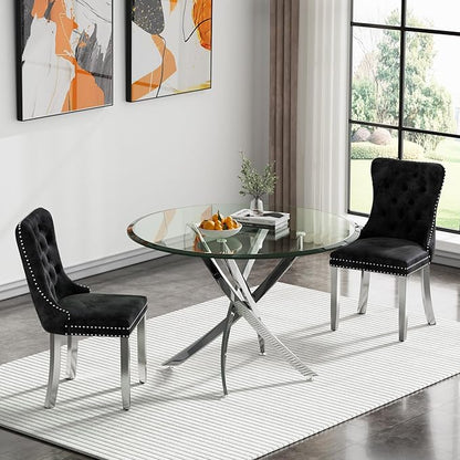 36" Glass Dining Table for 2-4, Modern Dining Room Table with 0.39" Tempered Glass Top and Cross X-Shaped Silver Stainless Steel Base, Round Kitchen Dinner Table for Dining Room