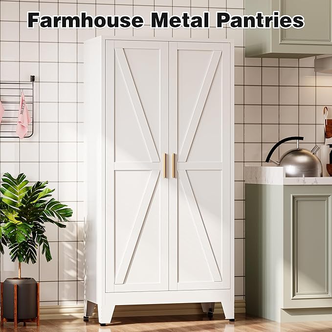 Bevivog 61" Metal Storage Cabinet with Doors and Shelves, Farmhouse Tall Bathroom Cabinets Freestanding, White Metal Pantry Cabinet for Kitchen, Living Room, Home Office