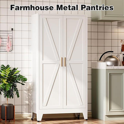 Bevivog 61" Metal Storage Cabinet with Doors and Shelves, Farmhouse Tall Bathroom Cabinets Freestanding, White Metal Pantry Cabinet for Kitchen, Living Room, Home Office