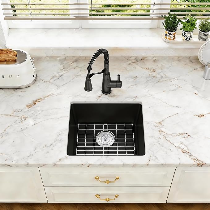 Kitsitchen Black Undermount Bar Sink 15" x 15", Granite Composite Kitchen Sink with Drain Assembly & Bottom Gird, Small Quartz Stone Kitchen Sink for Bar, RV, Outdoor and Wet Bar