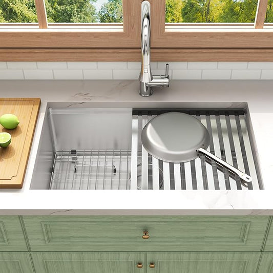 LQS 30 Inch Undermount Kitchen Sink with Round Corner, 30" x 18" Undermount Kitchen Sink 16 Gauge Stainless Steel, R10 Round Corner with Handmade Workstation Ledge and Built-In Abundant Accessories