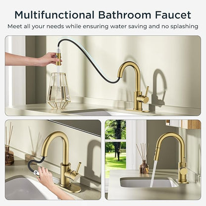 FORIOUS Brushed Gold Bathroom Faucets for Sink 3 or 1 Hole with Pull Down Sprayer, Single Handle Gold Faucets for Bathroom Vanity with Pop Up Drain, Suitable for Bath, RV, Laundry & Utility Sink